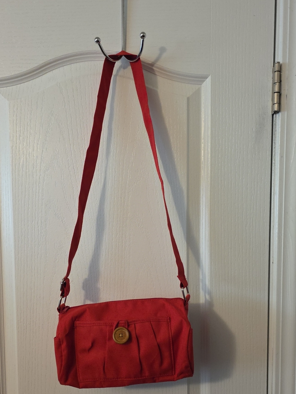 Red Canvas Crossbody Bag with Button Accent - Picture 2 of 3
